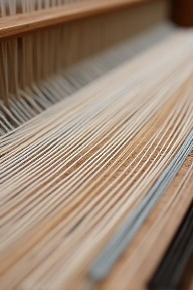 手織り機の糸が張られた詳細なビュー